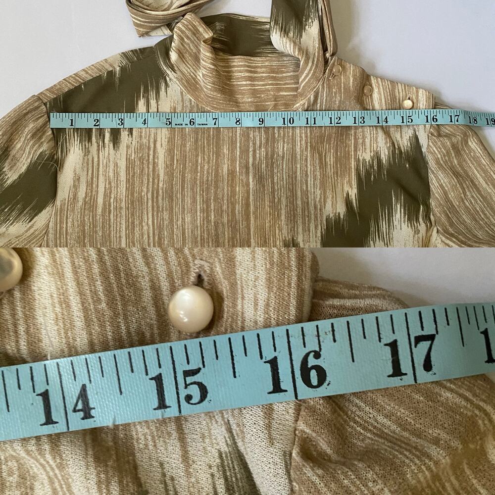 Vintage 70s Abstract Midi Dress High Neck Side Bow Olive Taupe M - Picture 11 of 17